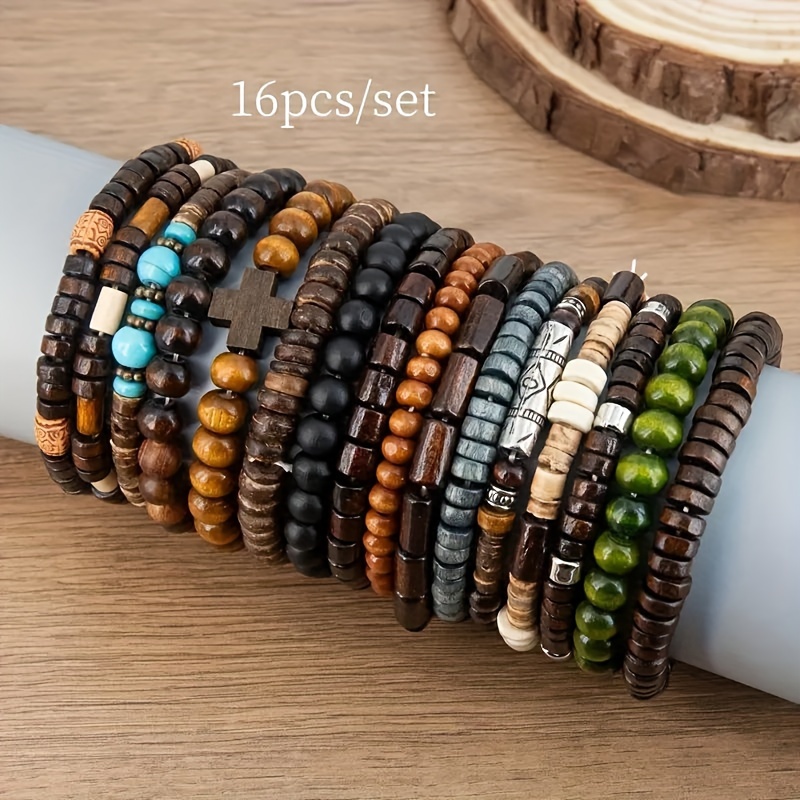 16pc Bohemian Style Wooden Bead Bracelet Set