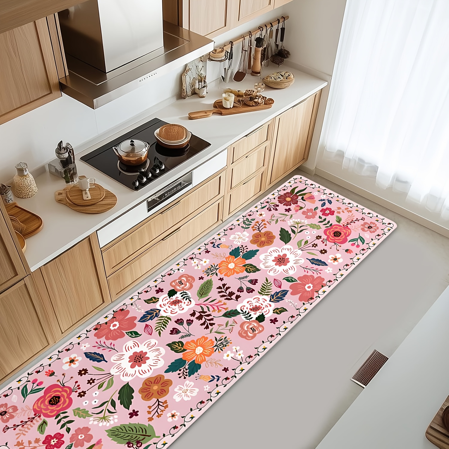 TEMU Bohemian Pink Floral Kitchen Rug - Non-slip, Machine Washable, Soft & Durable For Cooking, Bathroom, Laundry Room, And Hallway Decor