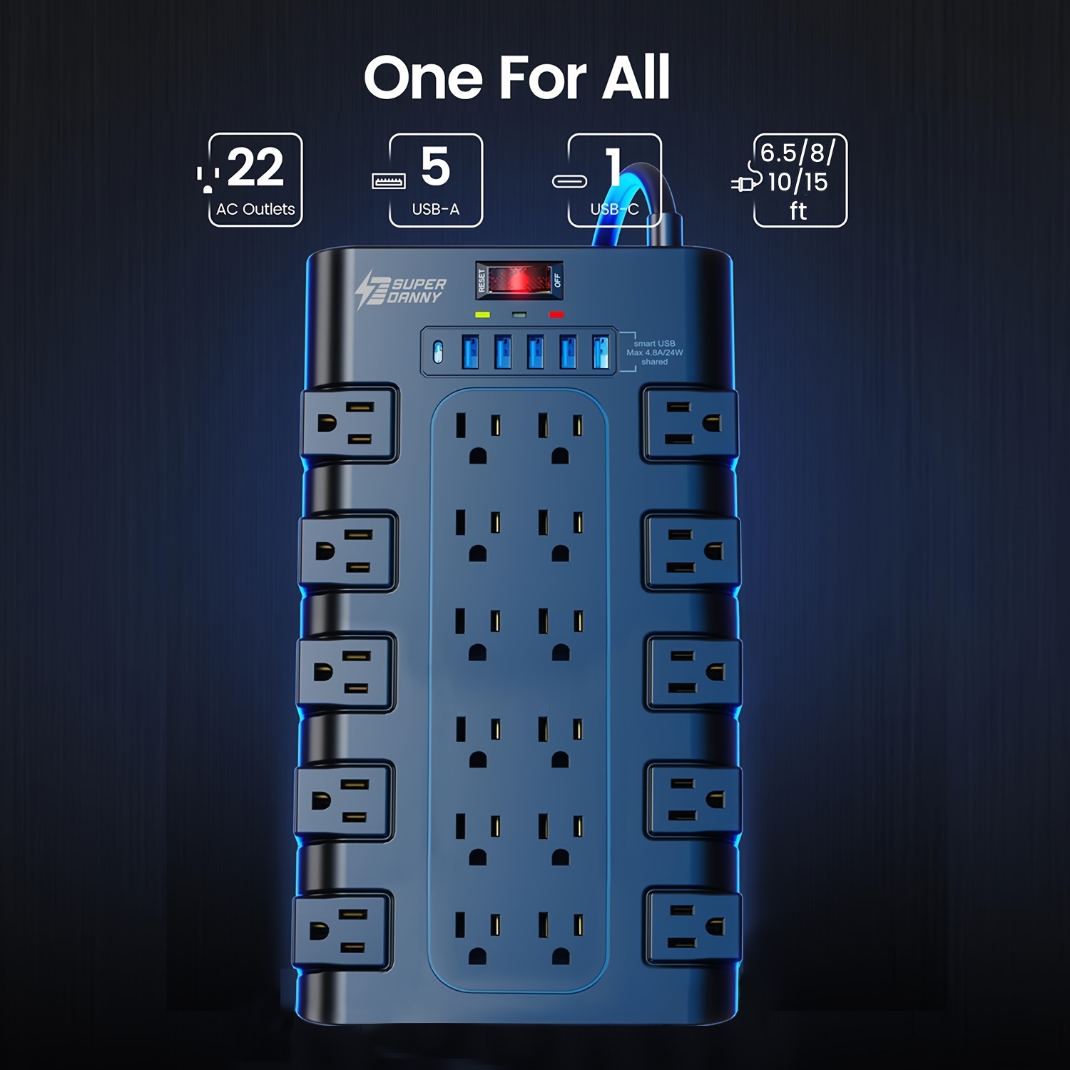 

Superdanny 6 Usb Charging And 22 Ac Outlets, 6.5/8/10/15 Ft , 2100 , Outlet For , , Dorm, ,