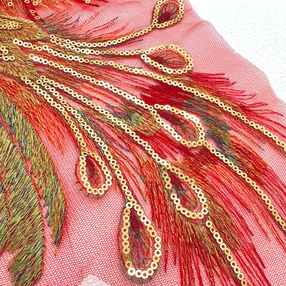 Large Golden Thread Embroidered Phoenix & Peacock Fabric Applique Patch