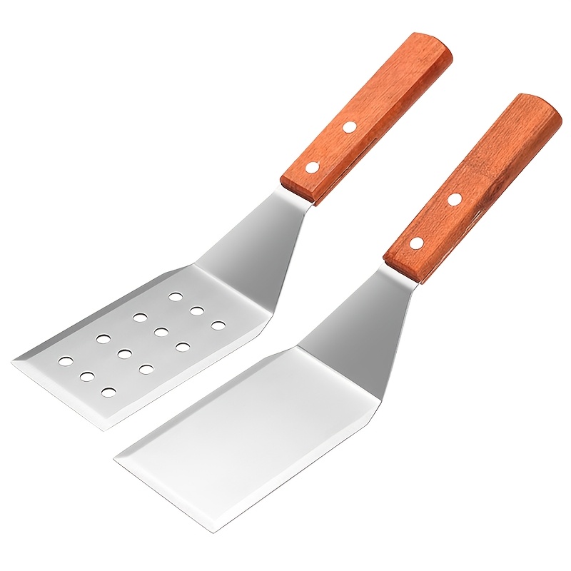 2pcs Wooden Handle Solid Stainless Steel Hamburger Shovel Barbecue Cooking Shovel
