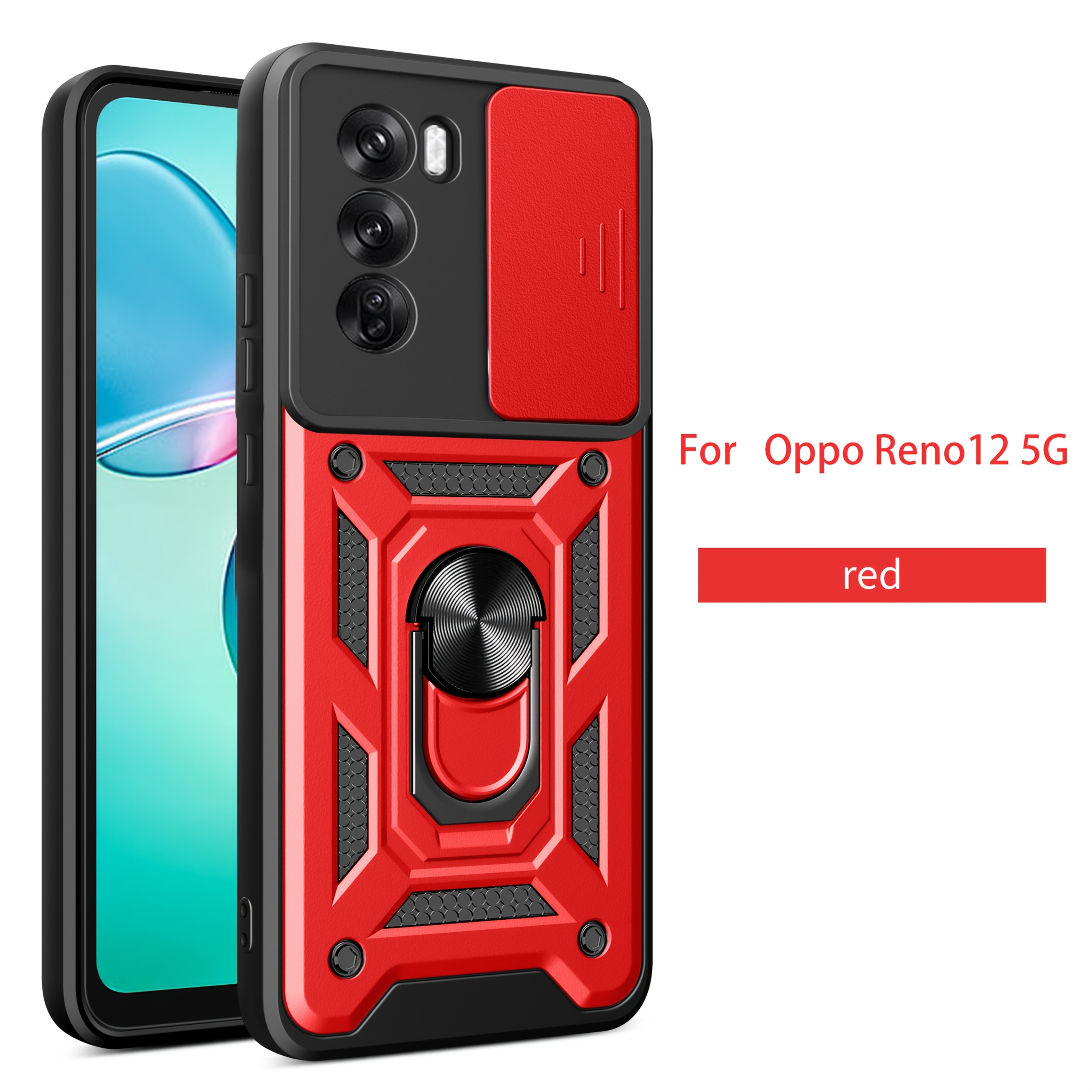 TEMU Phone Case - Case Suitable For Oppo Reno 12 5g, Featuring A Stand Ring And A Sliding Camera Cover