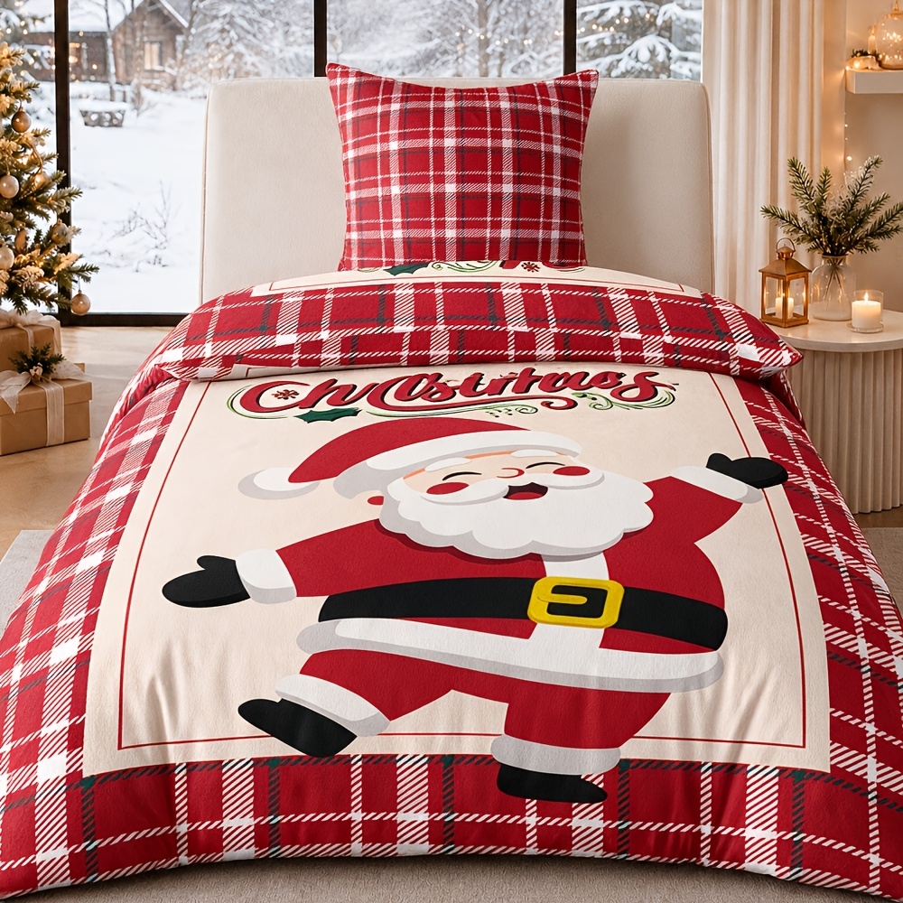 TEMU 2pcs Christmas Santa Claus Red Winter Festival Bed Set 80x80 Pillowcase With Zip Duvet Cover Set Soft Christmas Santa Gifts Xmas Warm Bedding