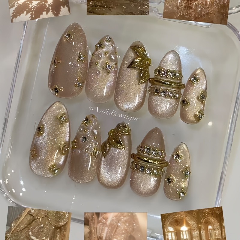 TEMU 10pcs Pure Handmade Almond Press-on Nails Set, Autumn Style Short Women Nail Art, Press-on Handmade Nail Stickers, Women's Nail Fake Nails, '