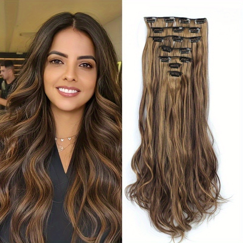 TEMU Lot de 7 extensions de cheveux synthétiques de 22 pouces avec 16 pinces BB, boucles ondulées d'eau, à invisibles, élégantes pour un , extensions