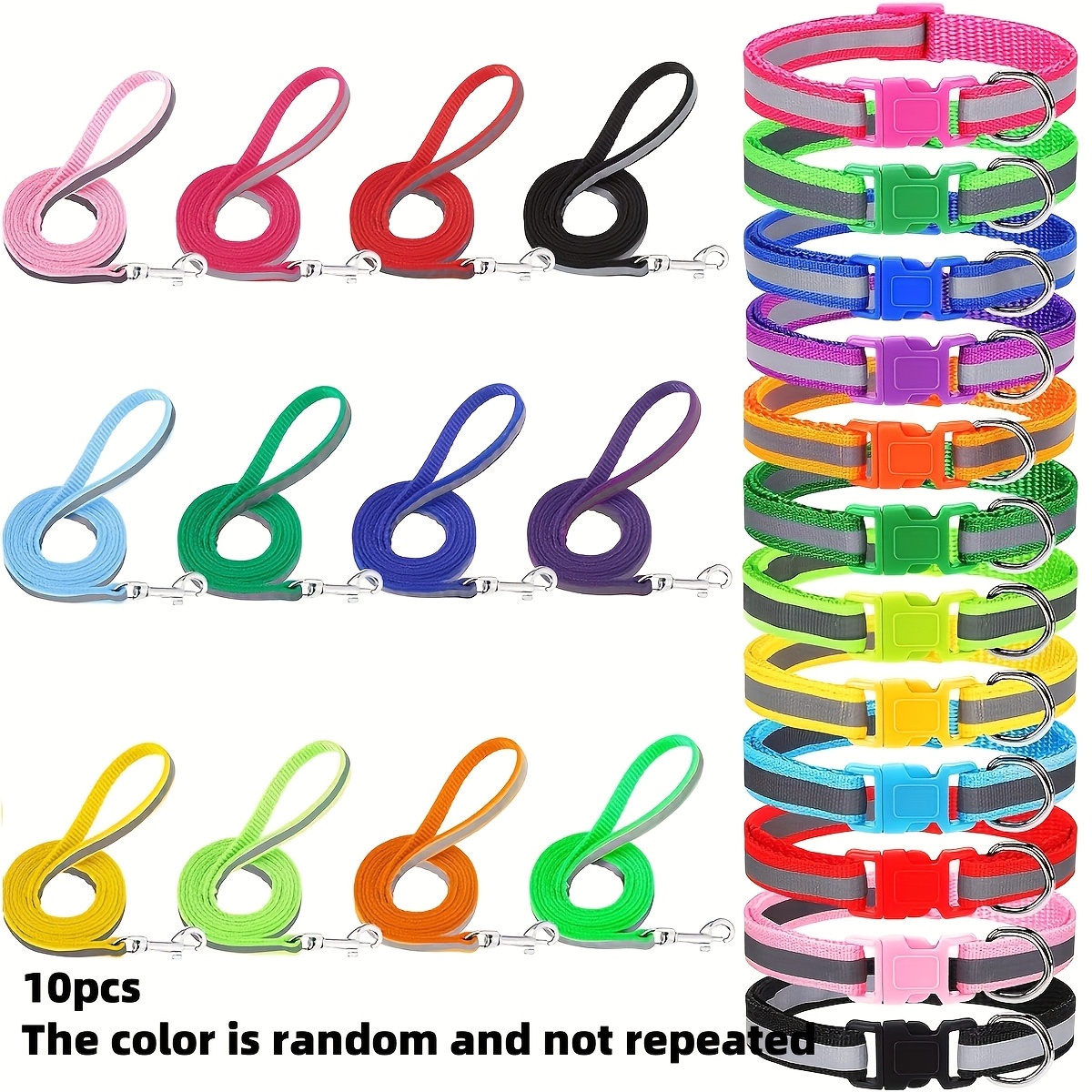 Image of 10pcs Set Of Reflective Puppy Collars And Leashes | Suitable For Small To Medium Dogs And Cats, Daily Outdoor Dog Walking Pet Supplies, Random Colors, Without Battery