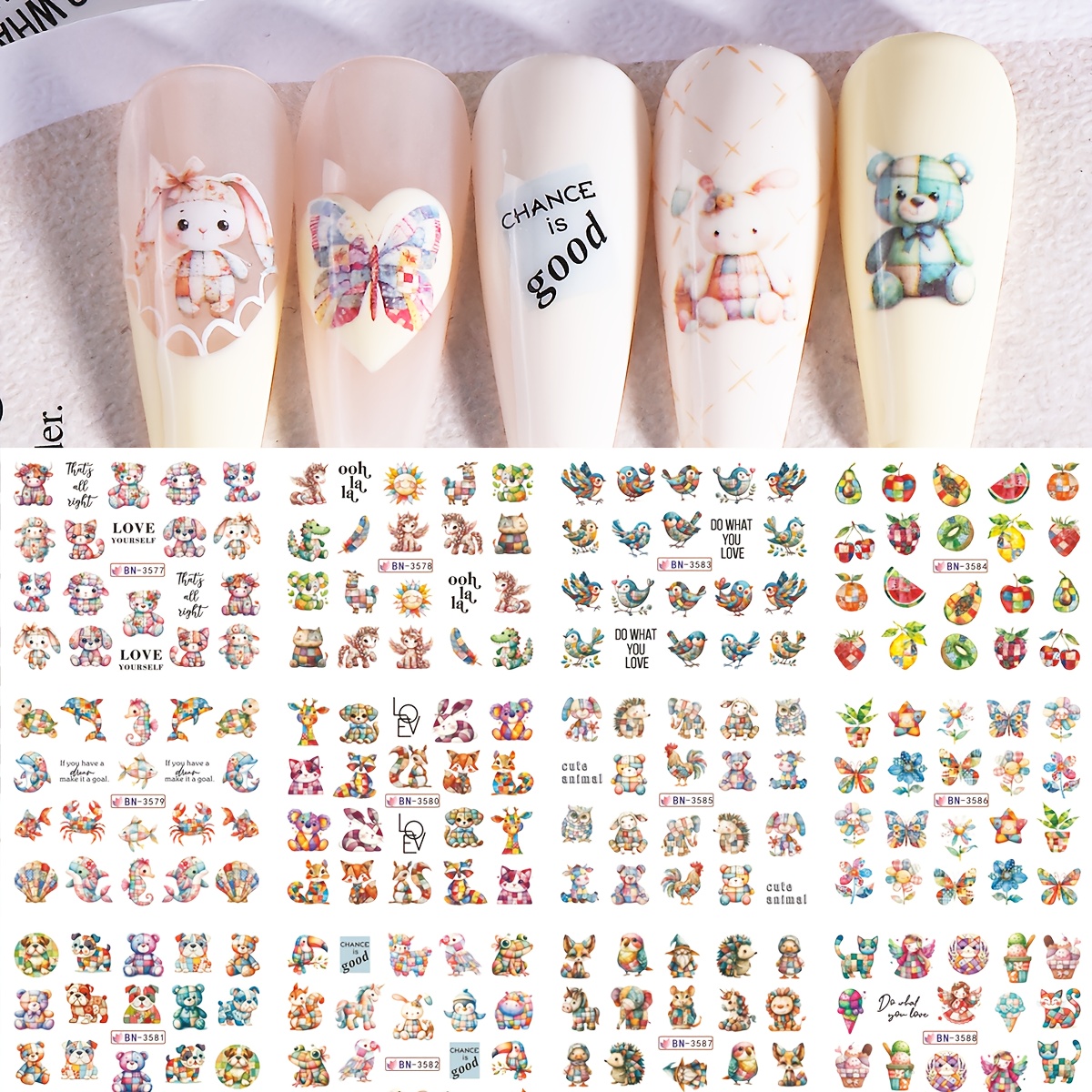 Image of 1pc 12 Styles Design Animals Nail Art Stickers, Cute Bear Rabbit Squirrel Hedgehog Cream Pattern Water Transfer Nail Decals Art Charm Decoration, Festival Nail Supplies