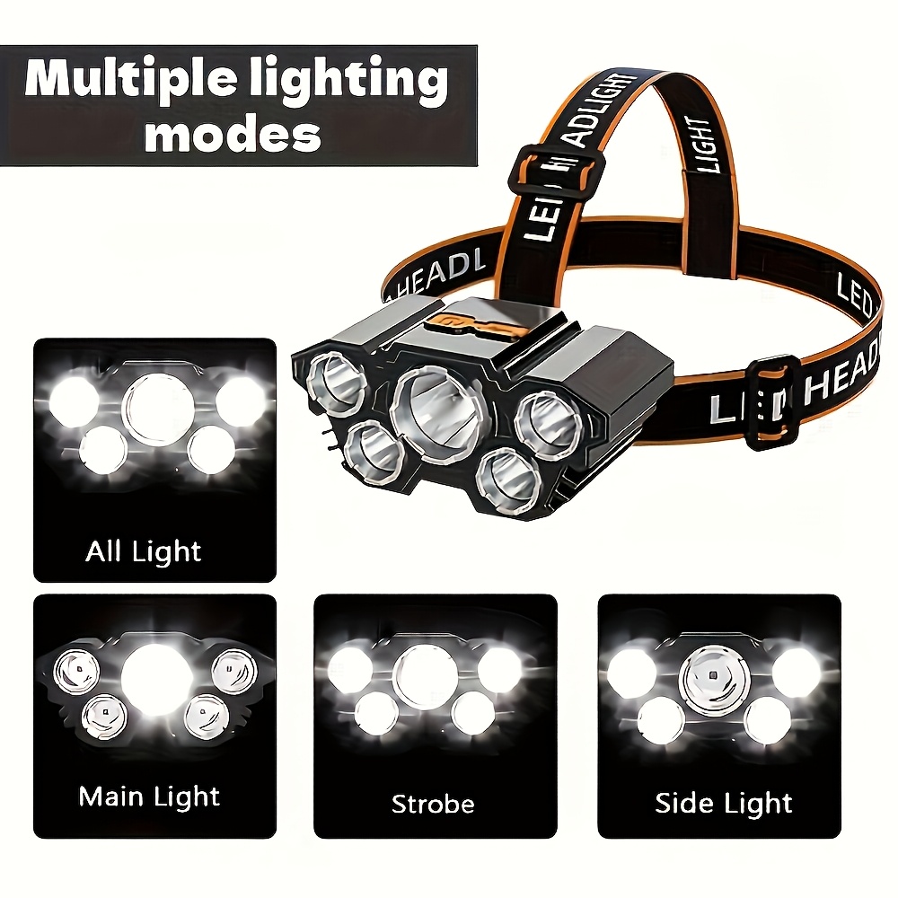 2 lampes frontales rechargeables, 5 LED ultra-lumineuses, légères et rechargeables par USB, 3 modes, idéales pour la course en extérieur, la pêche, la chasse, la randonnée, le camping et le travail