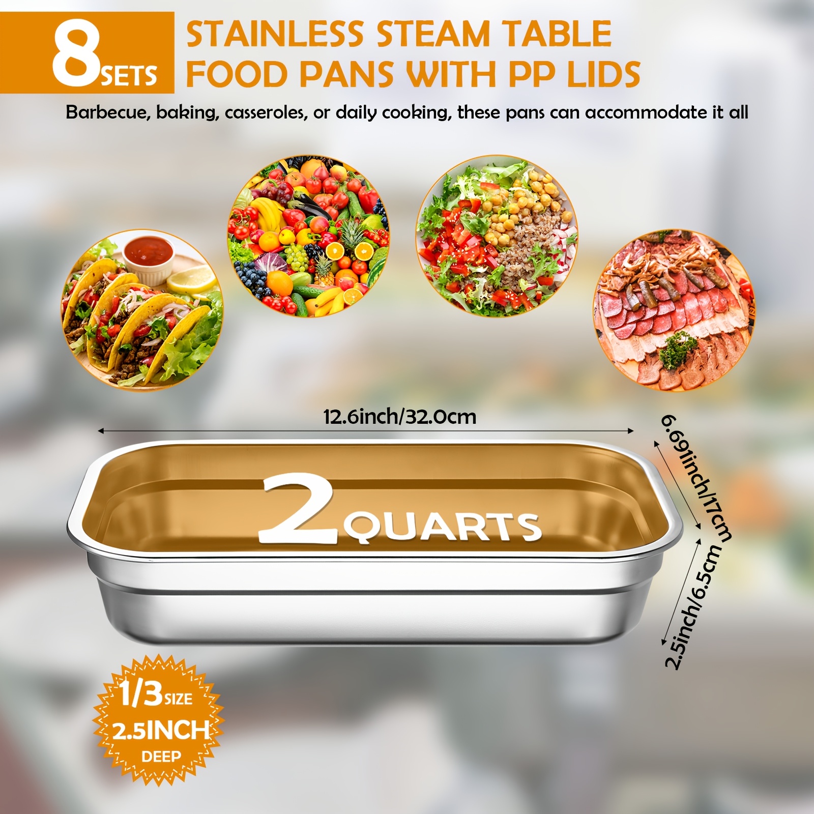 8pcs stainless steel food storage containers with lids 1 3 size hotel pans steam table pan metal meal food containers for restaurant stackable kitchen freezer buffet 2 5 inch deep Product details 0