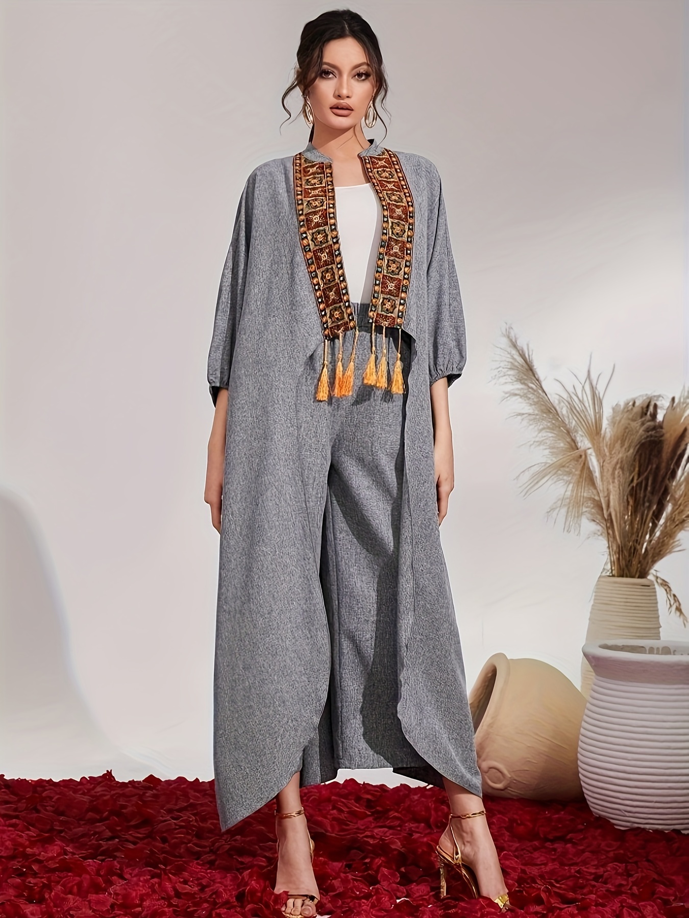 boho tribal pattern two piece set open front three quarter Temu