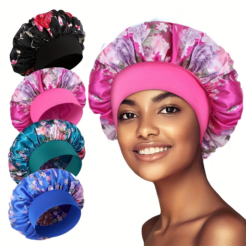 TEMU 4pcs Set Wide-band Checkered Printed Sleeping Cap, Beauty Hair Care Cap