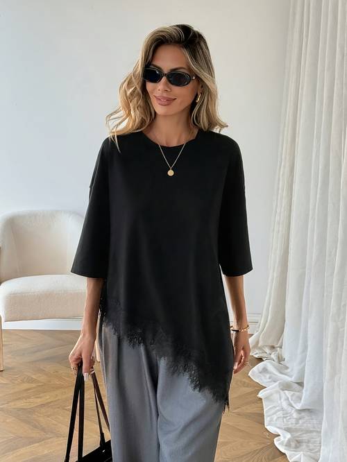 lässiges damen t-shirt mit asymmetrischem saum und spitzenpanel, vielseitiges basic-top für den , frühlings- und sommer-bluse, für urlaub, sommerausflüge, frühling, strand und mehr