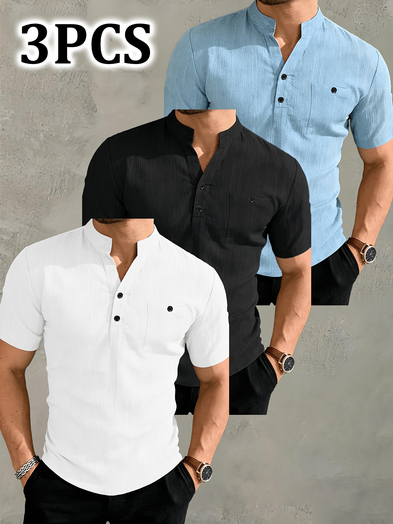 JOSHIMAY Obm 3pcs Set Men'S High Quality Summer Short Sleeve Henley Shirt T-Shirt Men'S Clothing Top, Suitable for Golf Outdoor Camping Fishing And Daily Casual Wear