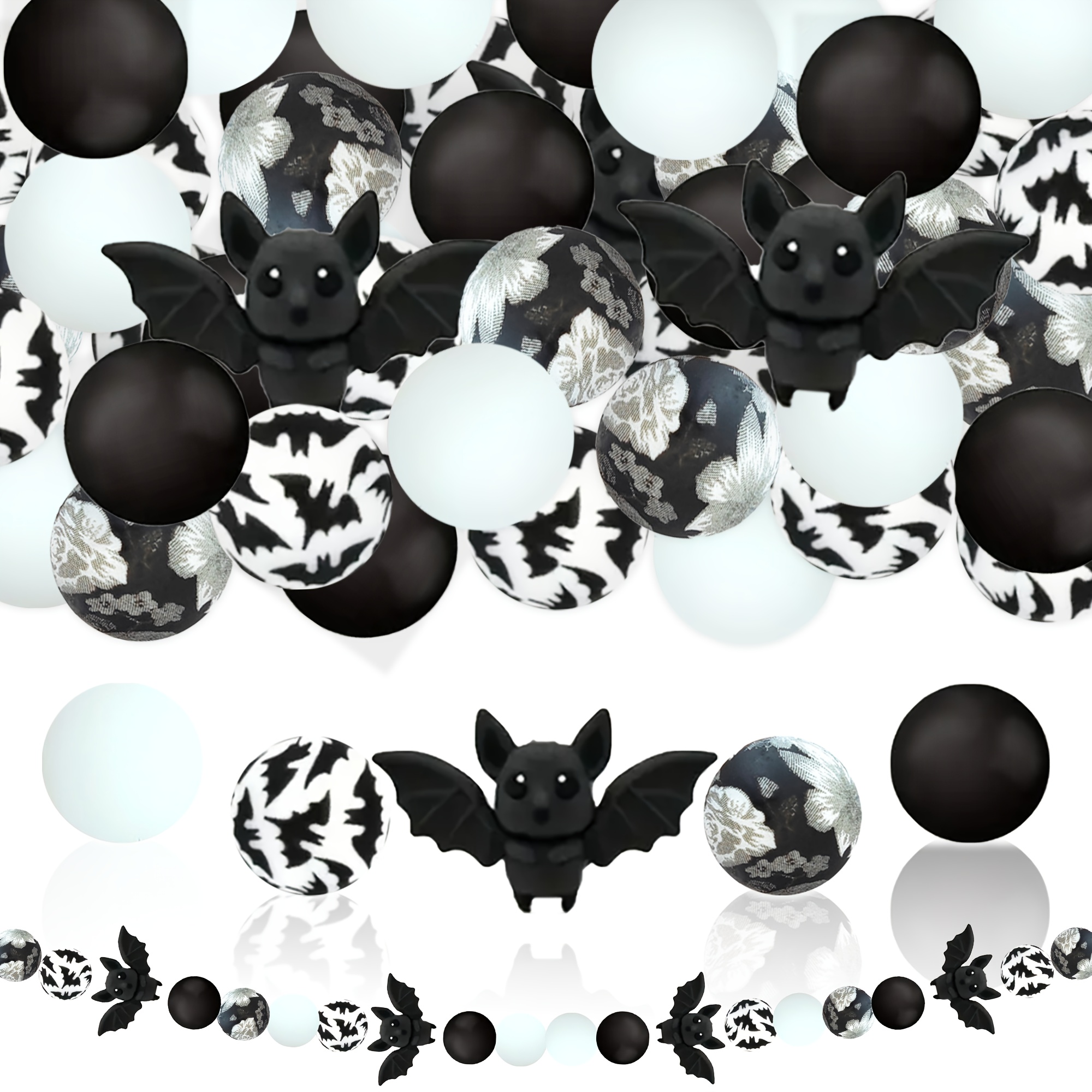 TEMU 25pcs 3d Bat Bead Set And 15mm Bat Floral Print Silicone Round Bead Set, Suitable For Jewelry Decoration, Bead Accessories, Used For Diy Bead