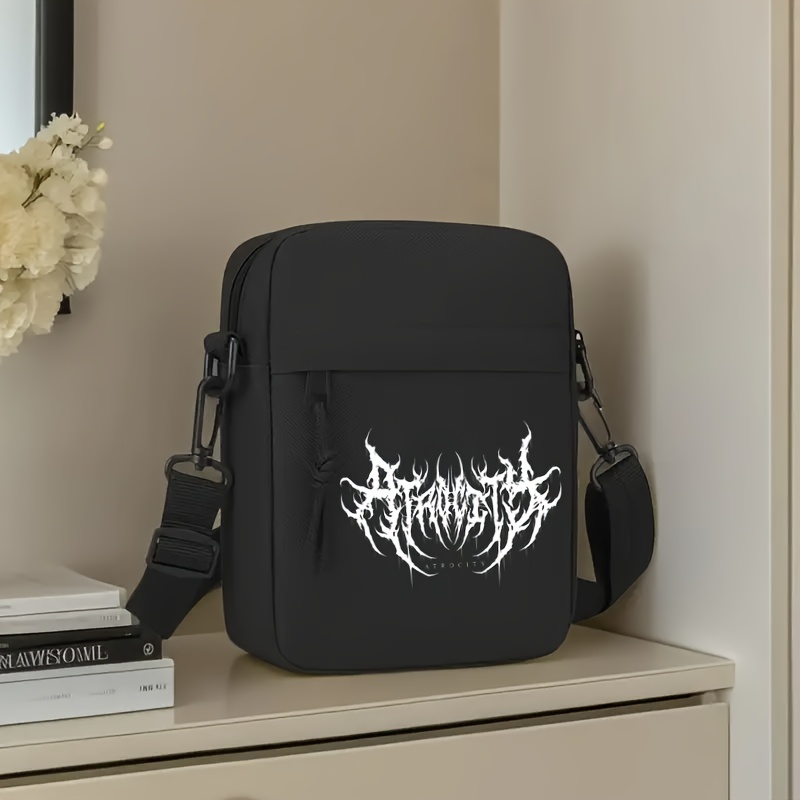 TEMU Men's Gothic Print Mini Oxford Crossbody Bag - Adjustable Shoulder Strap, Lightweight And Foldable Design, Durable Polyester Lining - Casual Bag
