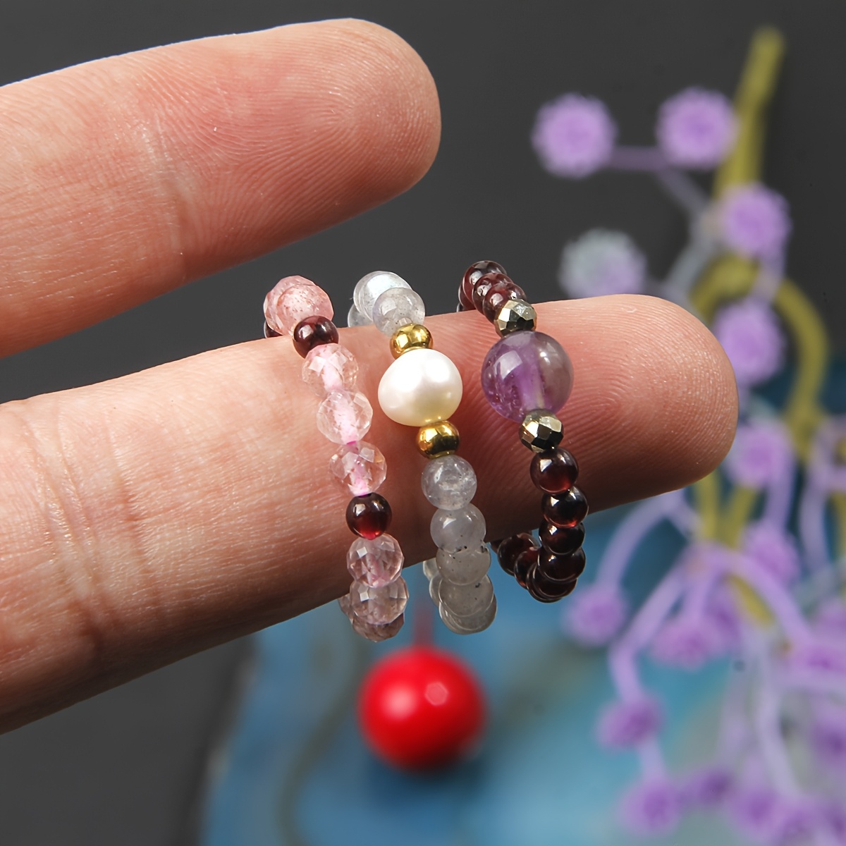 3pcs Natural Rose Quartz Stackable Ring Set, Exquisite Gift