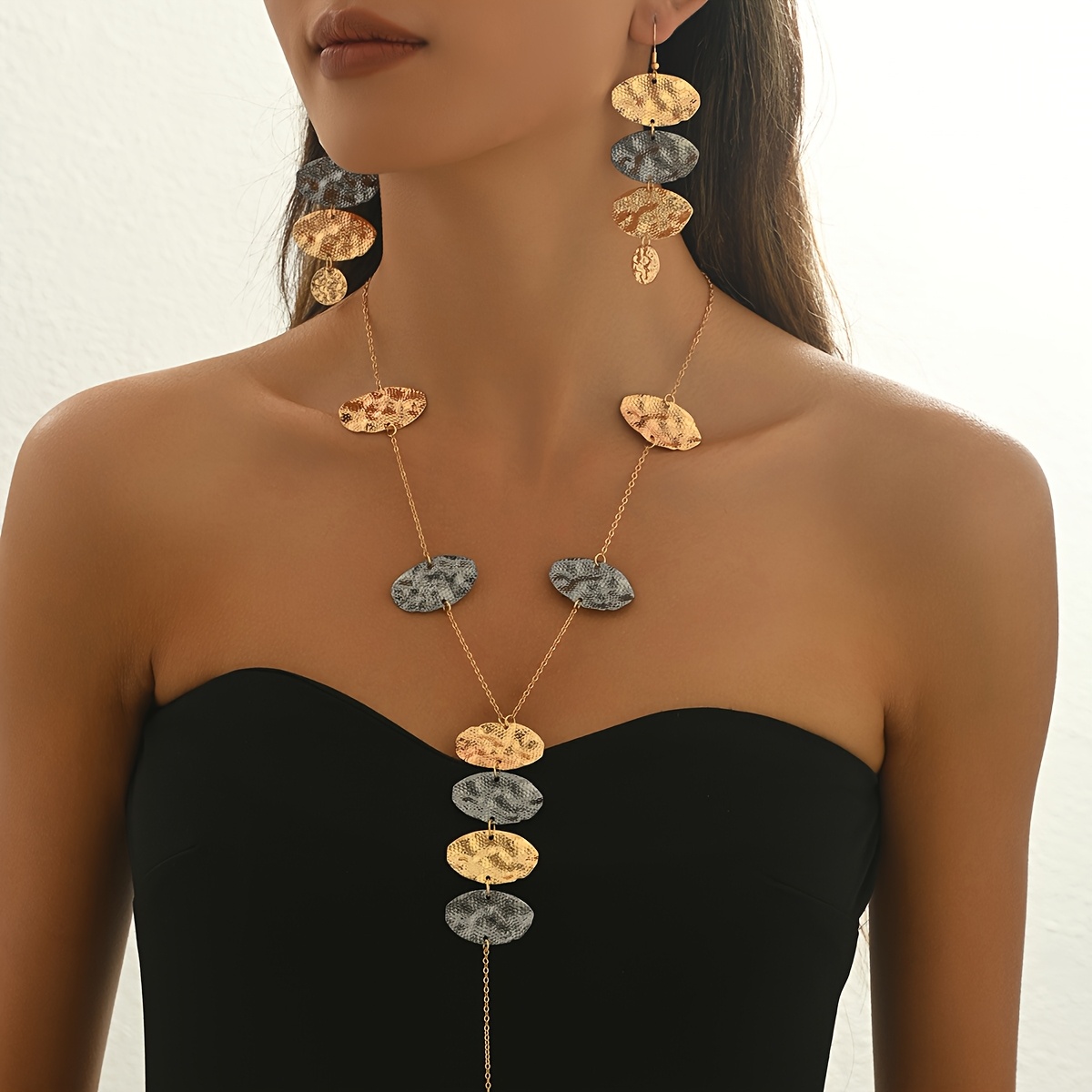 E-shop 3-teiliges Set mit einfachen, langen, geometrischen Color-Block-Ohrhängern für Damen, Y-förmigem Halsketten-Set, geeignet für jeden Anlass