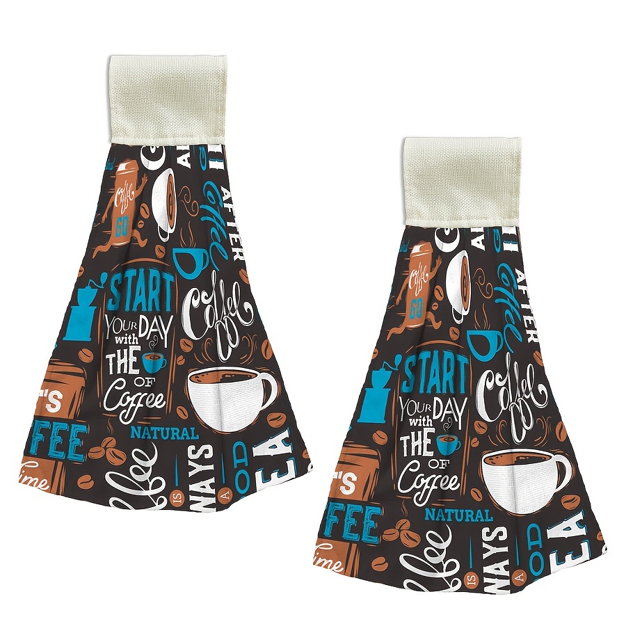 

2-pack Rustic Coffee-themed Hanging Kitchen Towels, Soft Absorbent Microfiber & Polyester Blend, Hand Wash Only, Decorative Hand Towels With Loop For Cafe & Home Decor