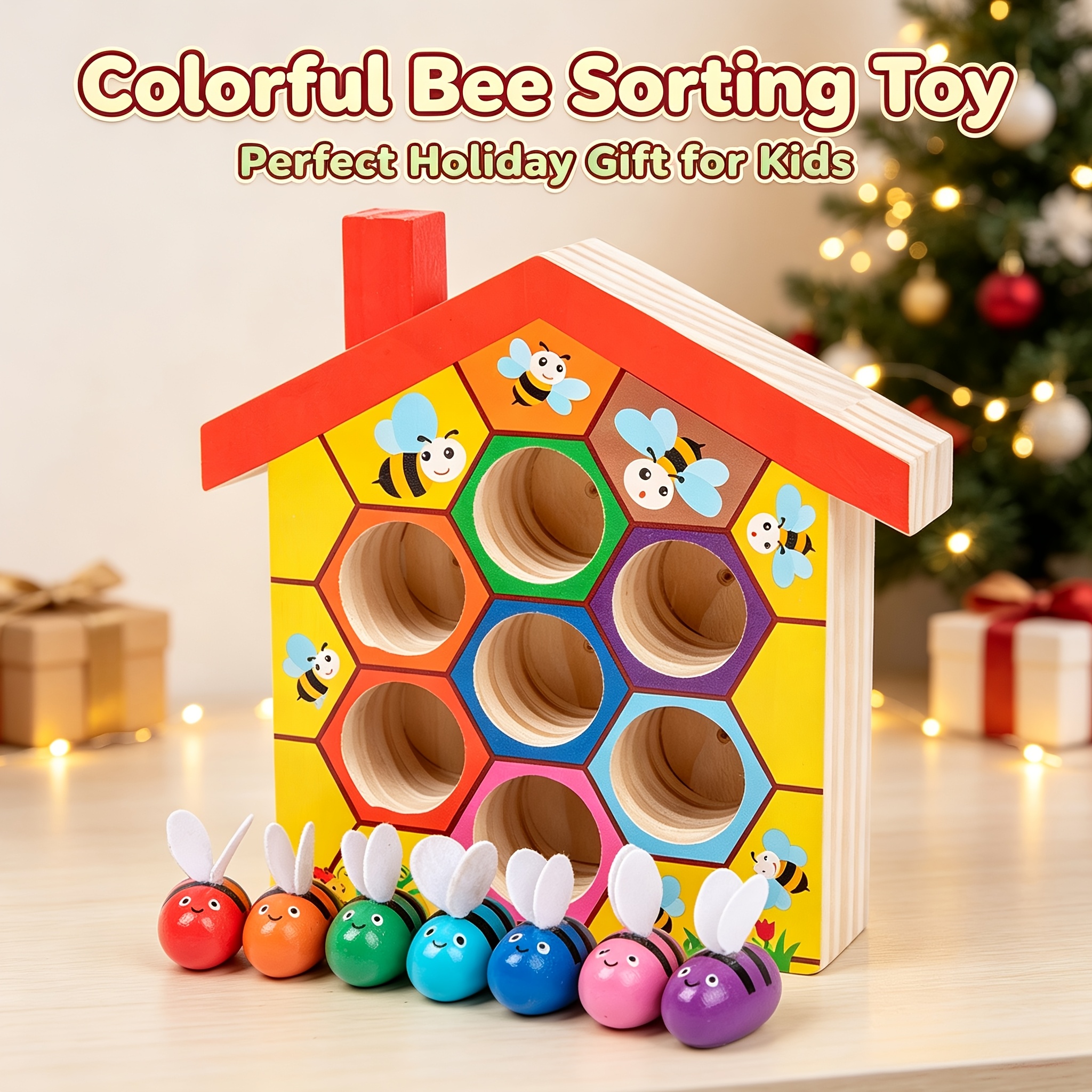 TEMU Looking For , Sorting Puzzle Toy, Wooden Structure, Safe And Durable, 7pcs Bees And 1pc Clip, Hand-eye Coordination Training, Color Recognition,