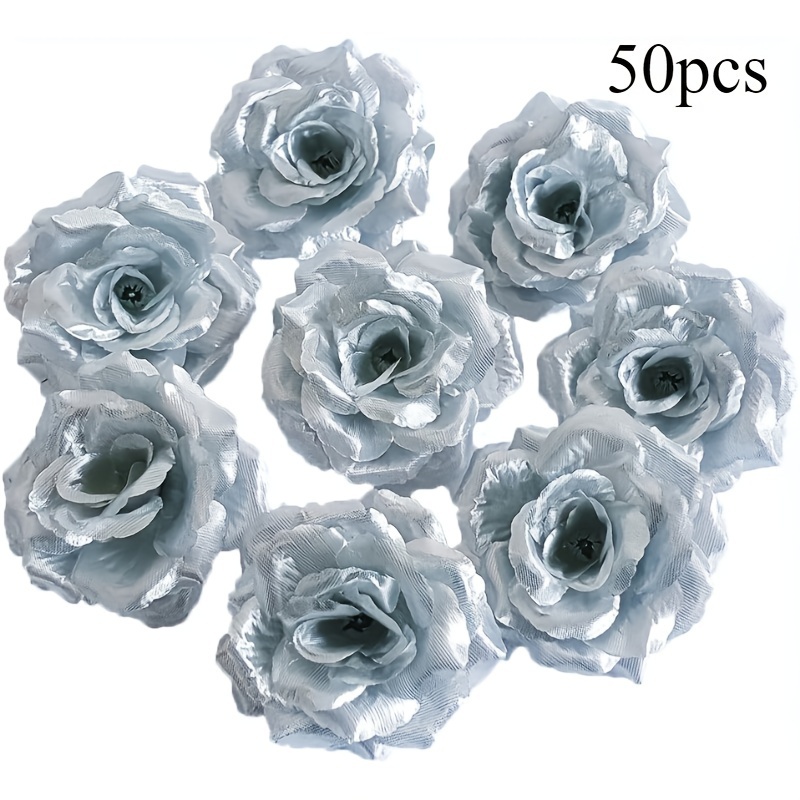 50pcs Luxurious Silvery Rose Heads - Exquisite Artificial Flowers, Ideal For Crafts, Wedding Decorations, Valentine's Day Gifts, And Home Decor Accents - Perfectly Enhancing And Romantic Ambiance