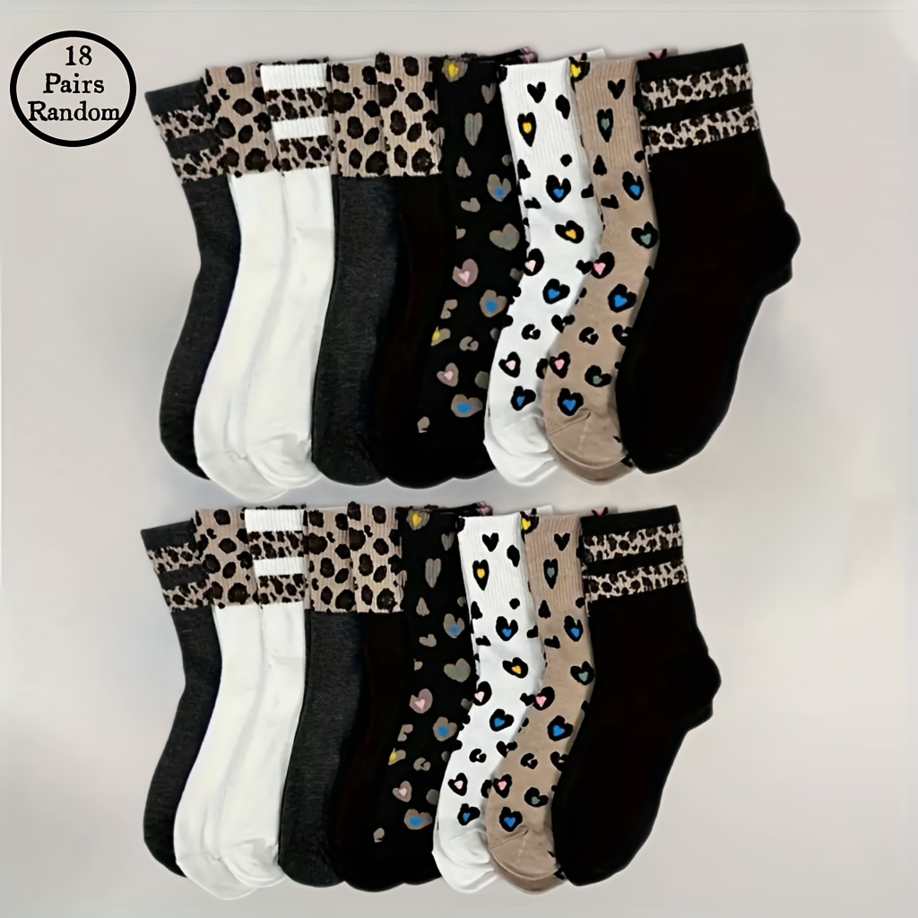 TEMU 18 Pairs Of Random Leopard Print Striped Mid Tube Retro Sports, Leisure, Fitness, Comfortable Outdoor Men's And Women's Mid Tube Socks