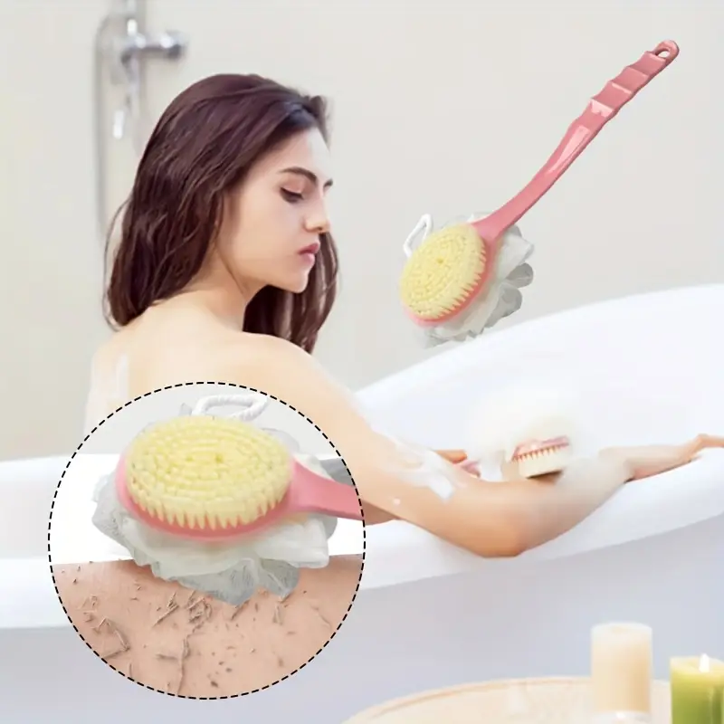 1pc long handle bath brush with loofah multi functional scrubbing brush dual sided soft bristle shower brush with loofah Product details 3