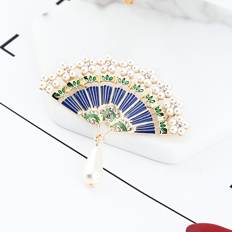 Chinese Style Vintage Bamboo Fan Pendant Brooch with Imitation Pearls