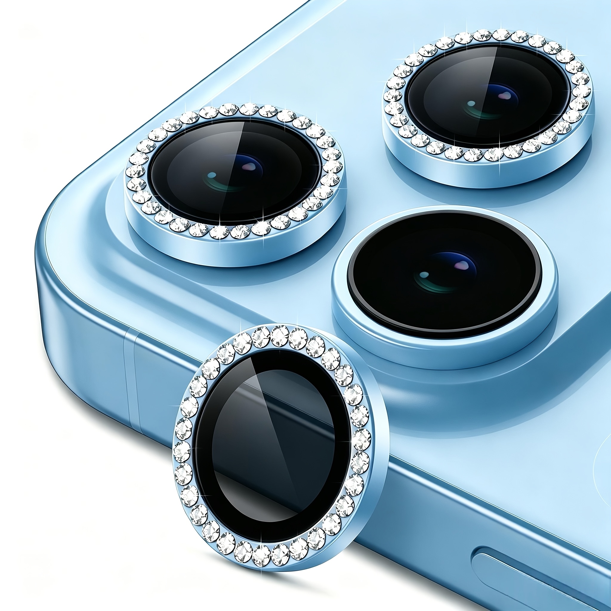TEMU 3pcs Diamond Metal Camera Protector Film Compatible With Iphone 18 Pro Iphone 18 Pro Max 9h Hardness, Lens Tempered Glass, Strong Adsorption,