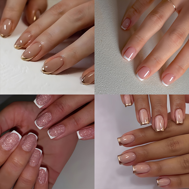 Temu – TEMU 96pcs (4 Packs) Women’s New Square Glossy French Stripe Artificial Nail Set With 4 Wedding Kits