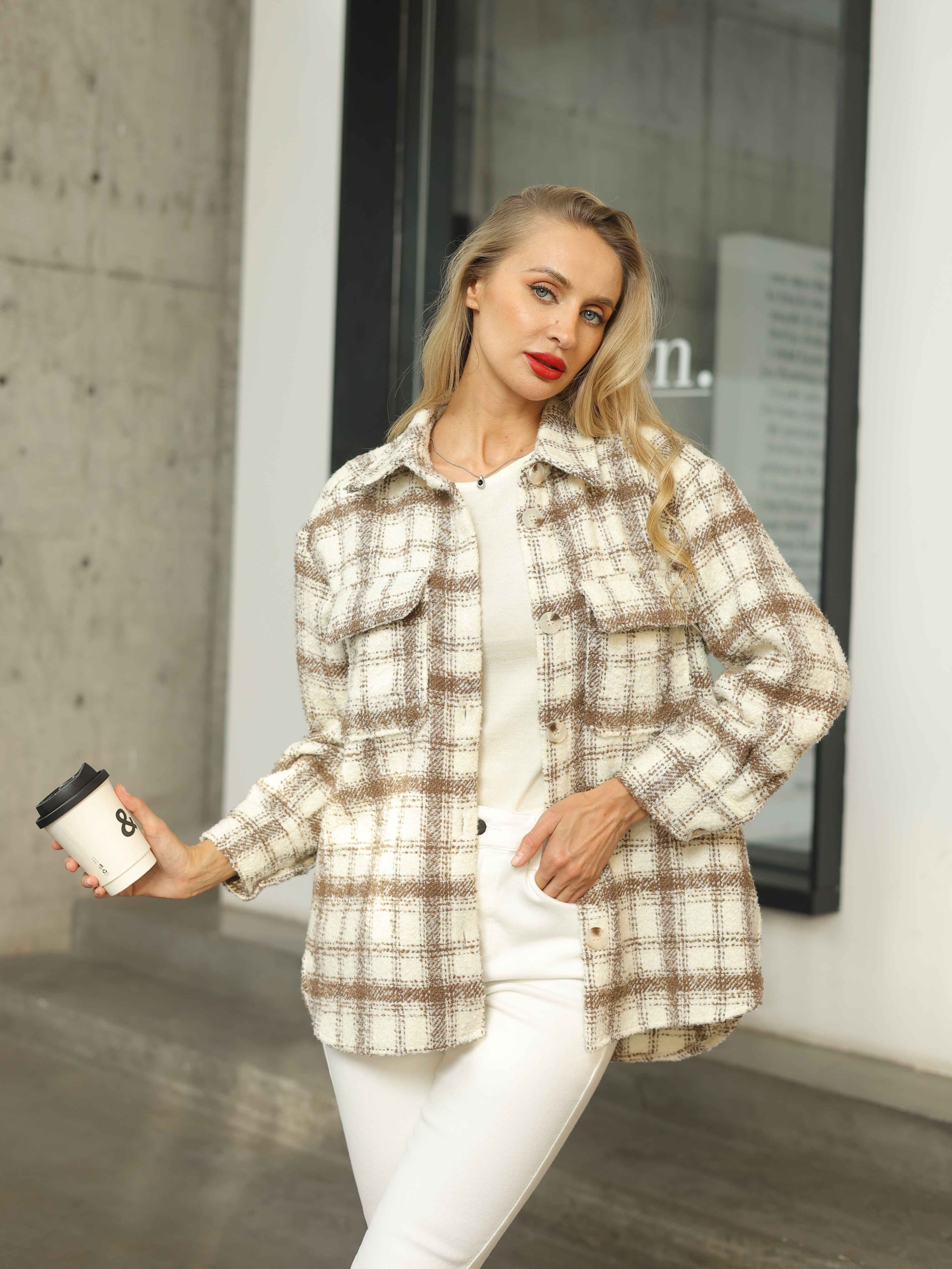 Women's Flannel Long Sleeve Button- Shirt Coat with Pockets, Stylish  Oversized Fit, Black White Pattern Casual or