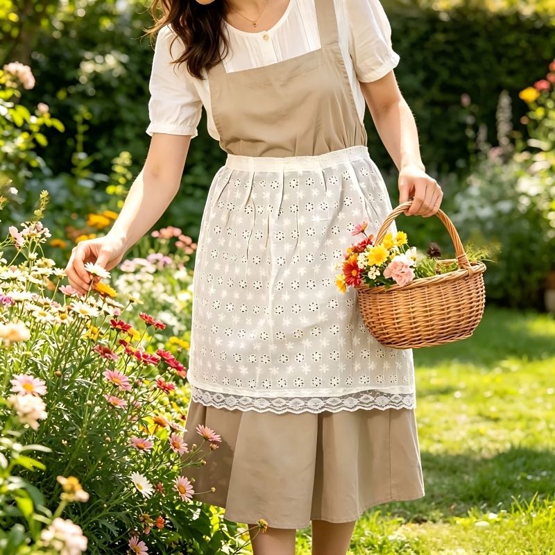 TEMU Embroidered Lace Hollow-out Fashion Waist Apron, Kitchen Restaurant Photo Prop, Flower Half Apron