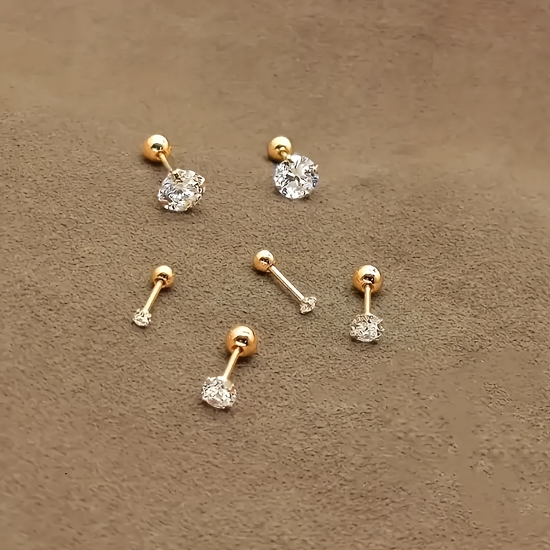 E-shop 6-teiliges Set mit je 1 Paar in 3mm, 4mm 5mm Edelstahl Hypoallergenen Synthetischen Zirkonia Ohrknochenschrauben mit