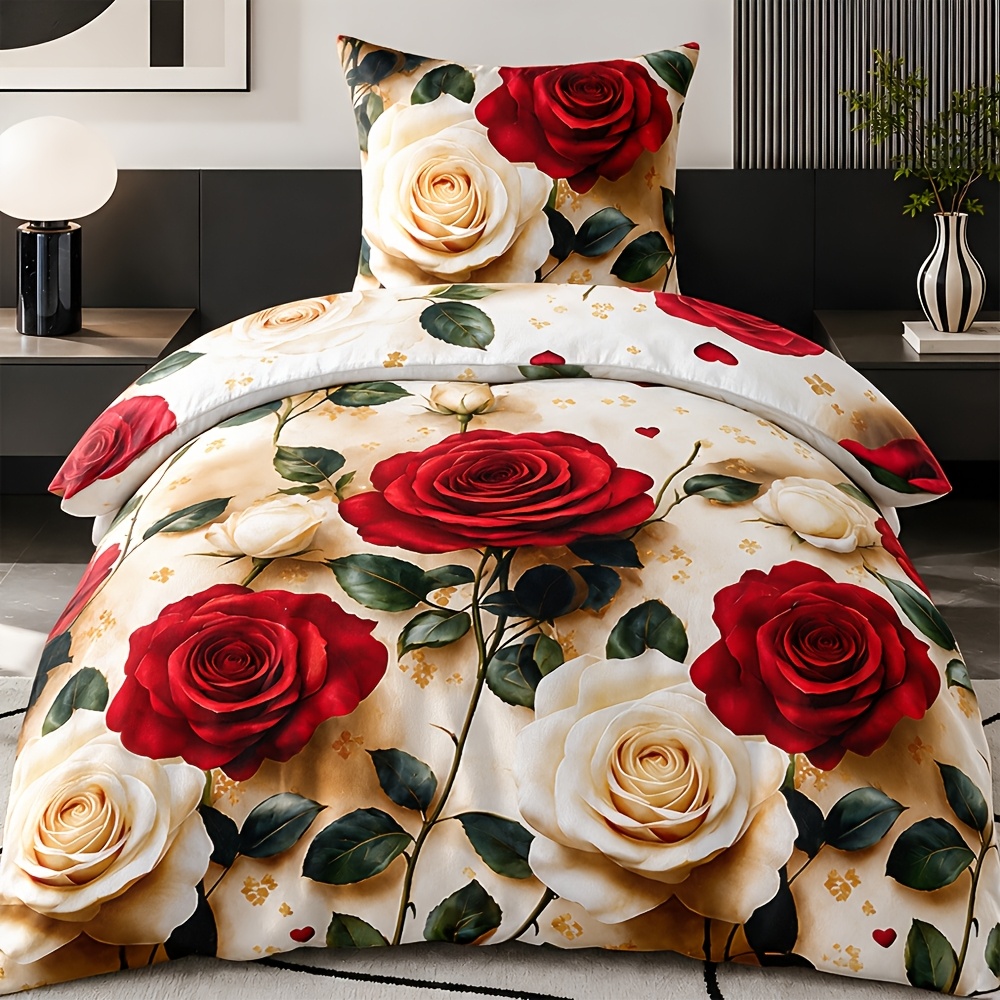 TEMU 2er-Set Bettbezüge 135 x 200, 155 x 220, Kissenbezüge 80 x 80 mit Reißverschluss, Retro Roter Rosen Blumen Dekor, Bettwäsche Set für Allergiker,