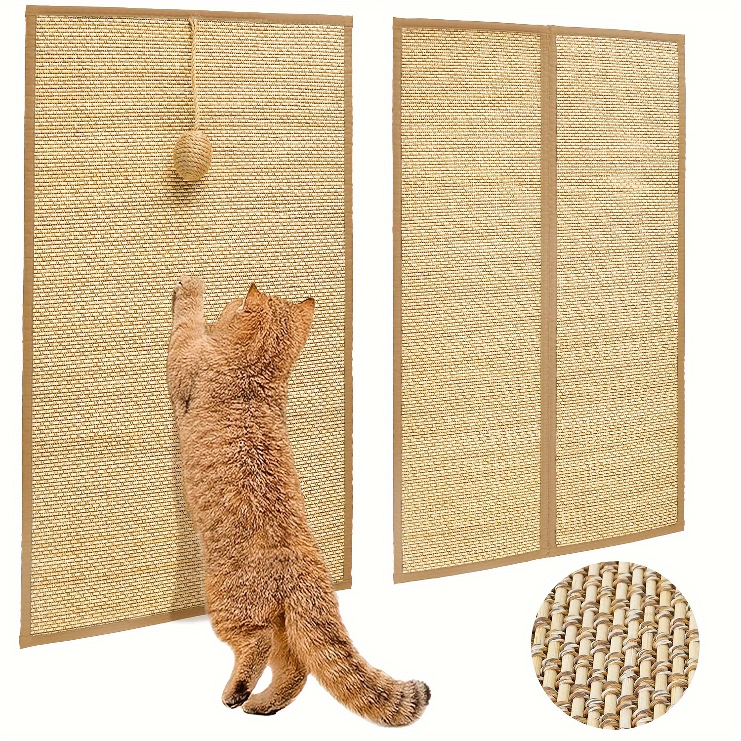 

Wall-mounted Sisal Cat Scratching Pad With Ball - Foldable, Stain-resistant Polyester Fiber Mat For Cats, Includes Magic Tape For Easy Setup