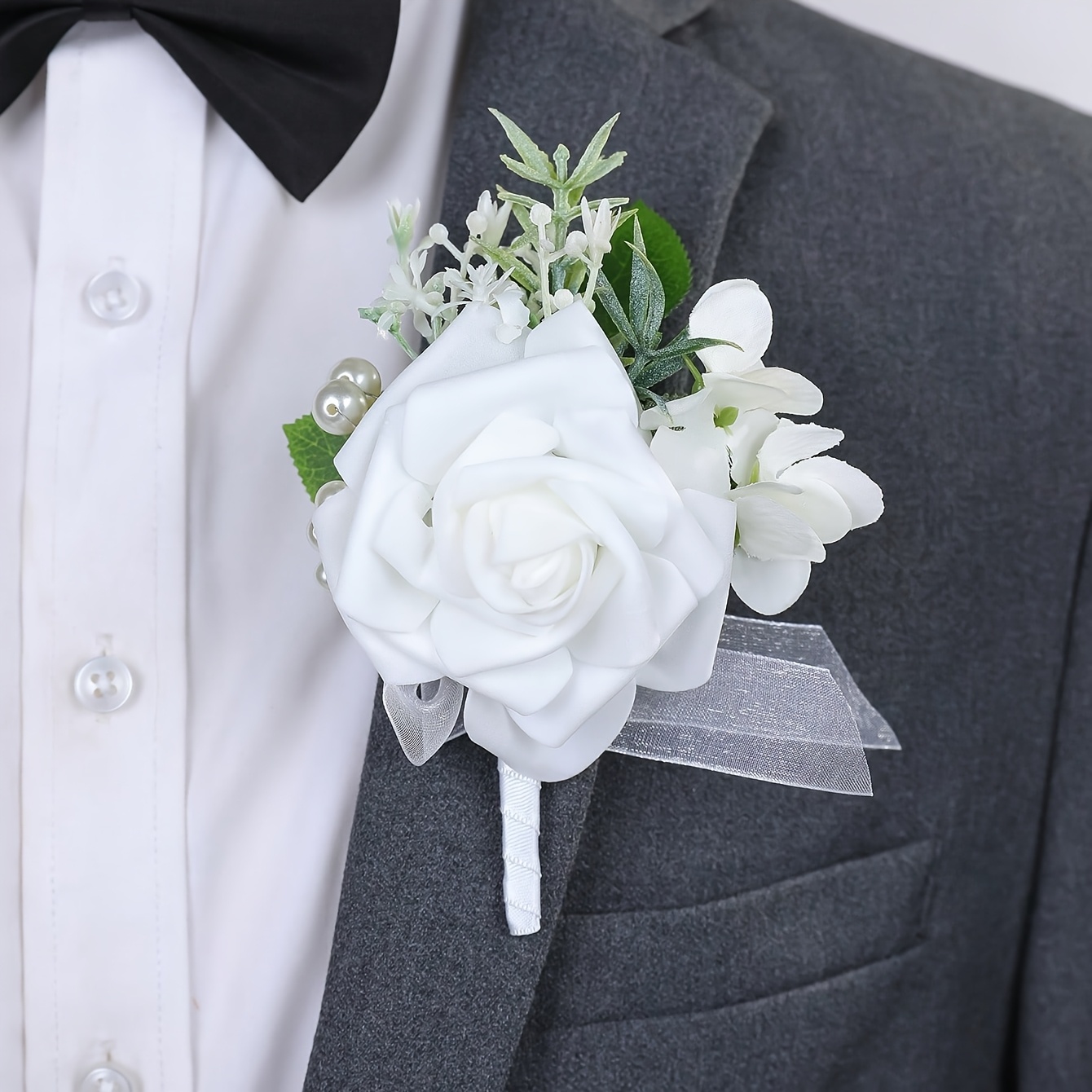 TEMU 1pc White Rose Flower With Pearl Artificial Greenery Premium Corsage Suitable For Brides Groomsmen Bridesmaids Wedding Engagement Decor, Evening