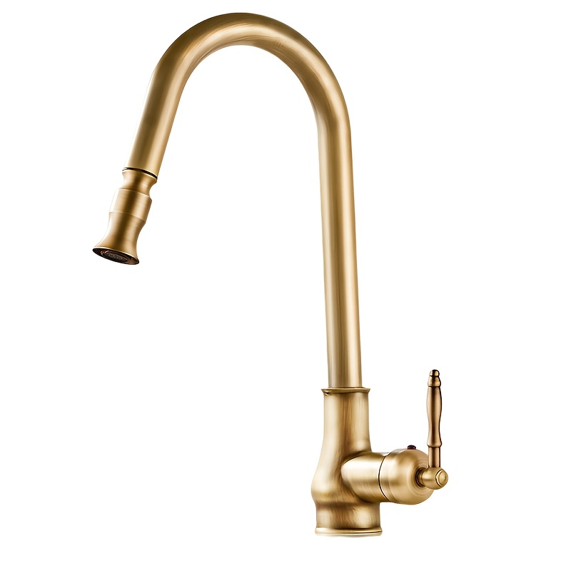 Image of Kitchen Faucet, Antique Hole Pull Out Pull Down Brass Faucet Body With Cold Hot Mixer Hoses, Antique Brass Kitchen Faucet Pull Out Spout Kitchen Faucets Single Hole Kitchen Faucet