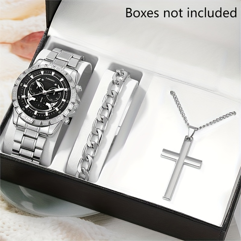 

dapper Set" Men's Fashion Quartz Watch & Bracelet & Necklace Set - Alloy Case, Analog Display, Non-rechargeable Battery