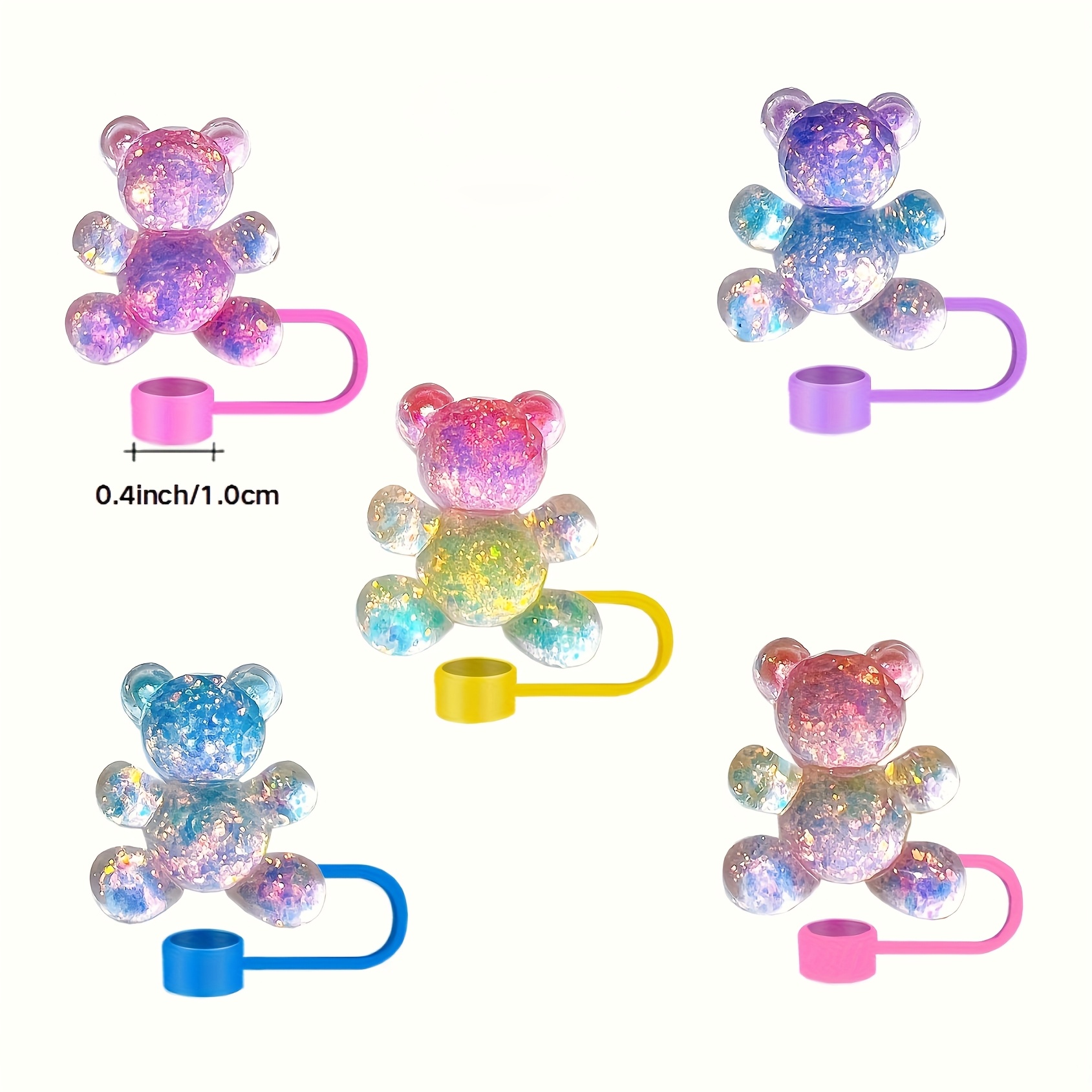Image of Gift For Her/him 5/3pcs Resin Glitter Gradient Bear Straw Covers, Sparkling Cute Cartoon, Reusable, Universal, For Water Cups, Parties And Holiday Gifts, Halloween, Christmas