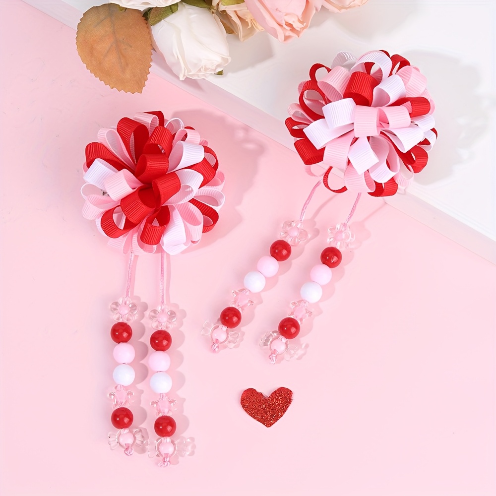 

2pcs Valentine's Clips For Girls - Cute Polyester Patchwork Barrettes With And Long Tassels, Alligator Clips, Daily & Casual Wear, Non-woven Fabric, , Teen Hair Accessories