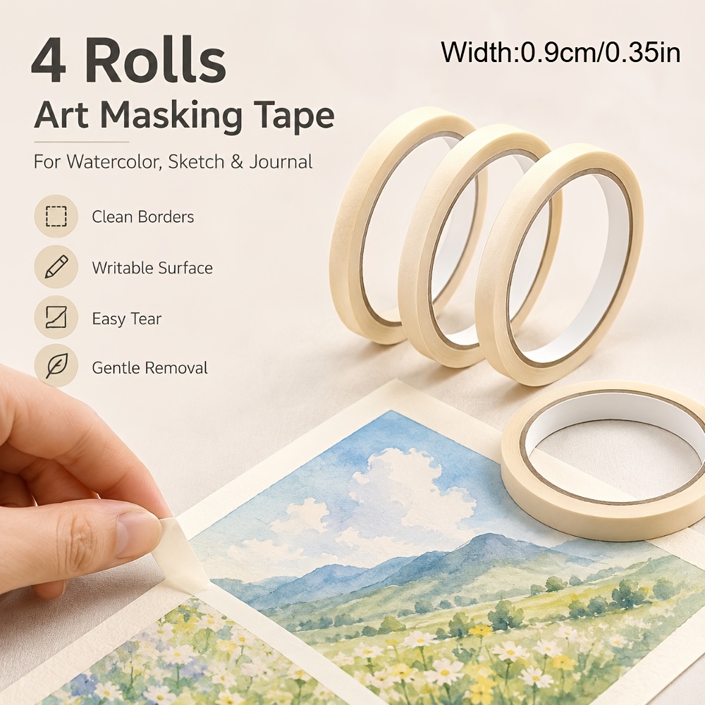 TEMU Nastro da incollaggio e stretto beige per , set da 4 rotoli, 0,9 cm x 20 m per cornici in gouache, mascheratura fine e progetti di lavorazione