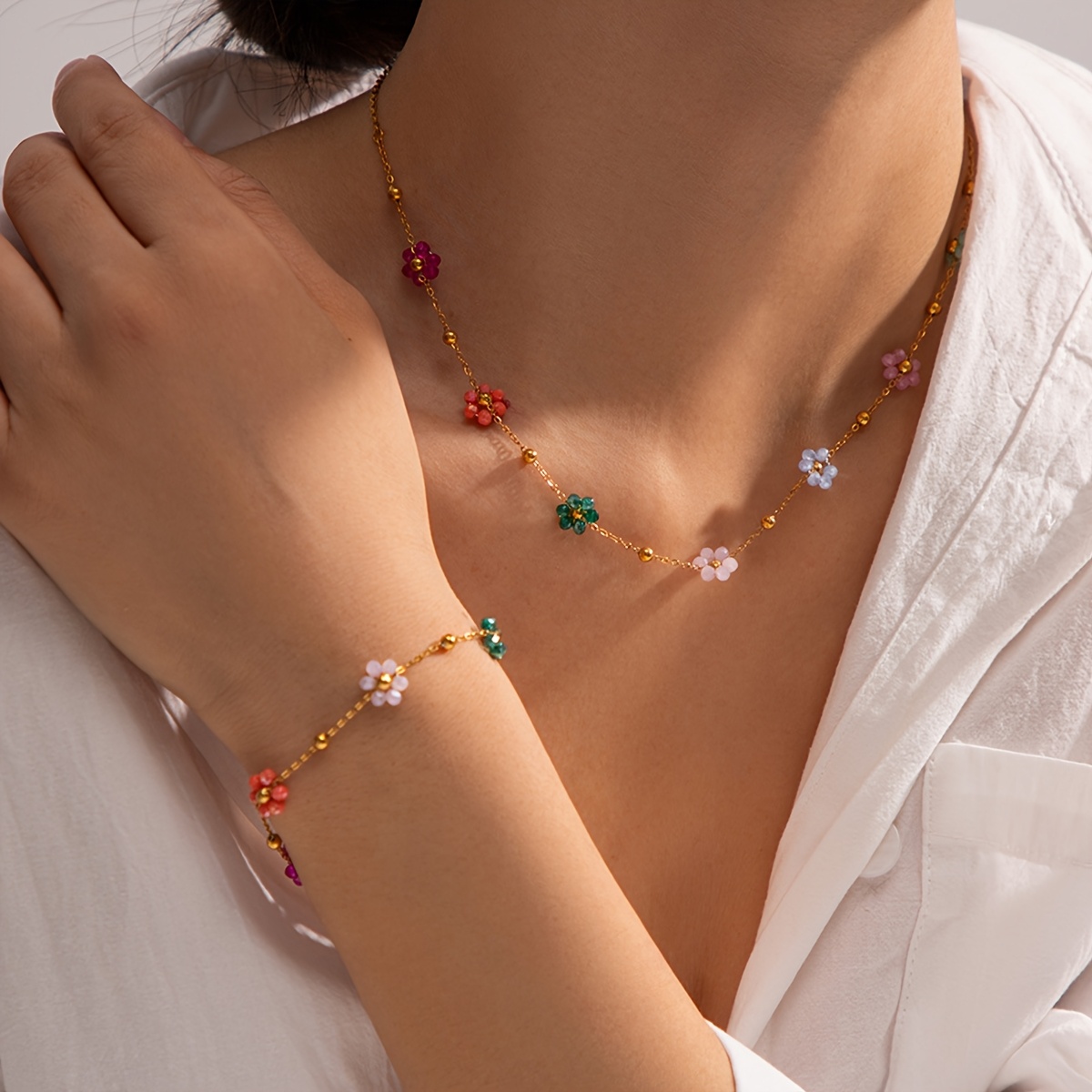 TEMU 1 Juego de Pulsera y Collar de Flores Coloridas Vintage, Diseño de Moda Y2K, Material de Acero Inoxidable, Joyería y Tierna, para Fiestas,
