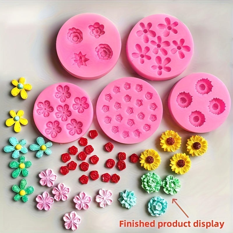 E-shop 5 Stück Silikon-Blumenformen - Verschiedene kleine Blumen, Kirschblüten, Pfirsichblüten, Rosen - Ideal für DIY-Schmuck, Polymer-Kunststoff und