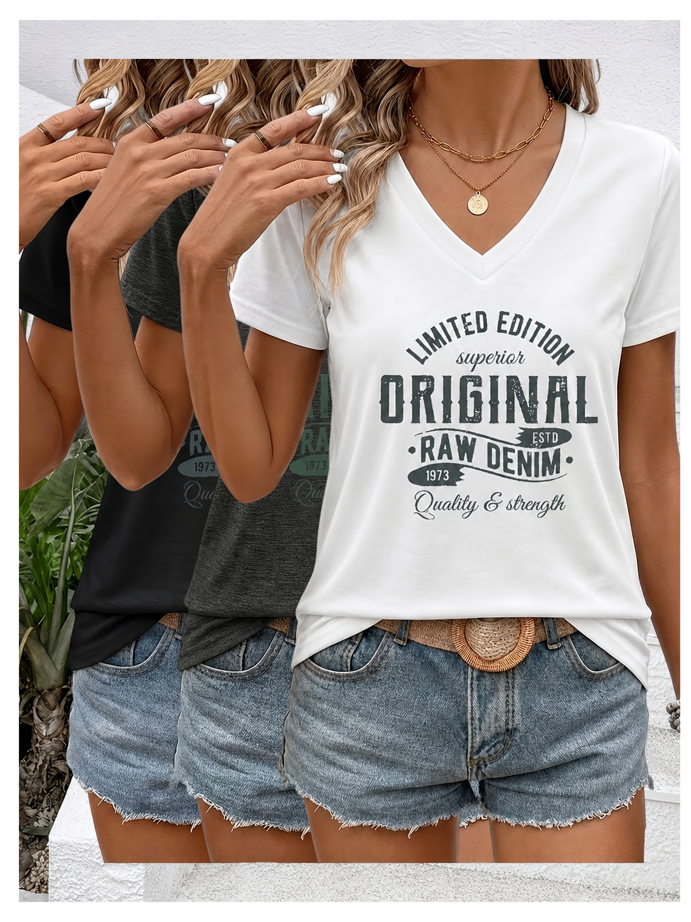 3pcs Set V-Neck Short-Sleeve T-Shirts, ORIGINAL Retro Distressed Letter Print, Soft And Skin-Friendly Fabric, Practical Top For, Machine Washable