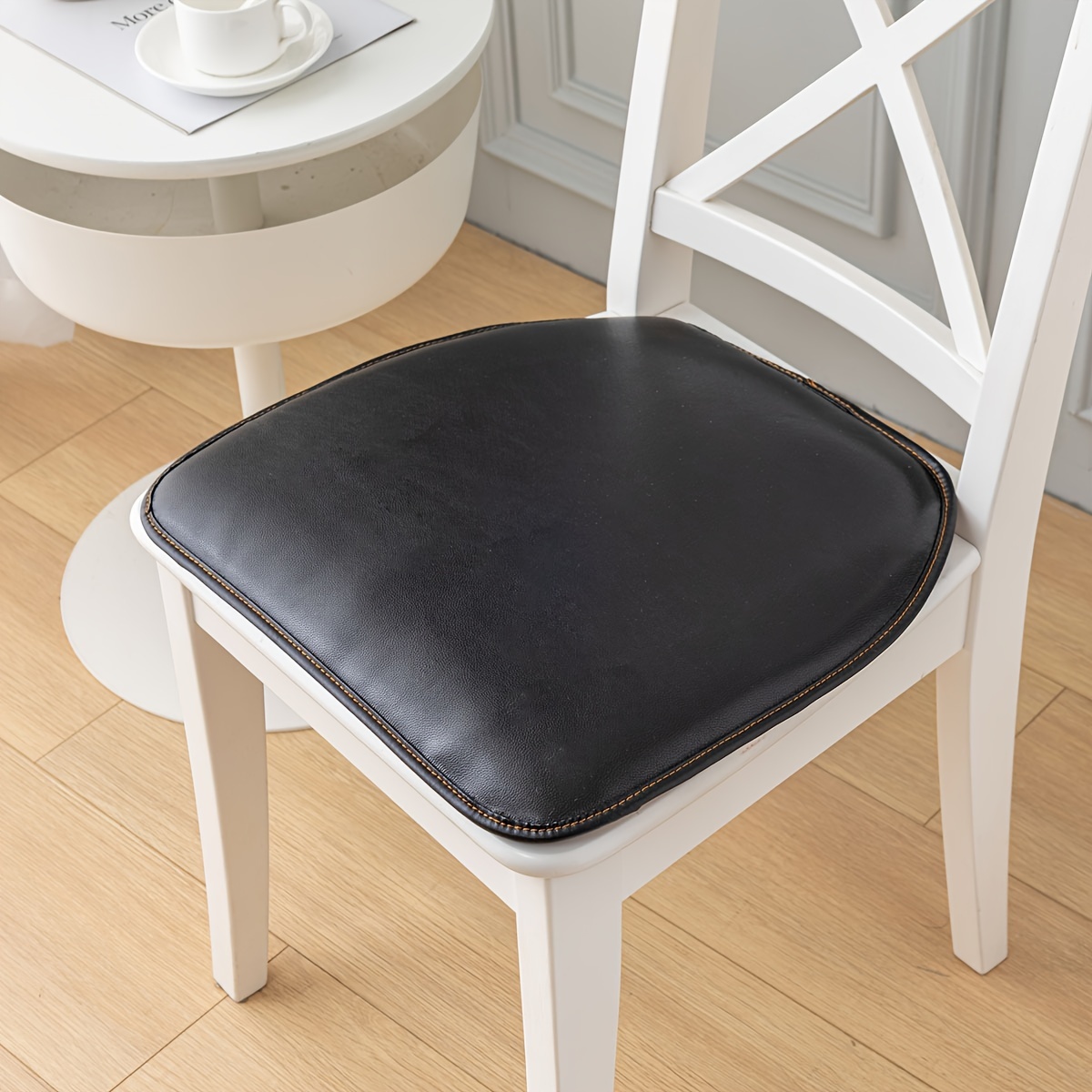 Image of Faux Leather Thick Chair Cushions D-shaped Cover And Ties Chair Pads For Indoor Dining Room And Kitchen Chairs