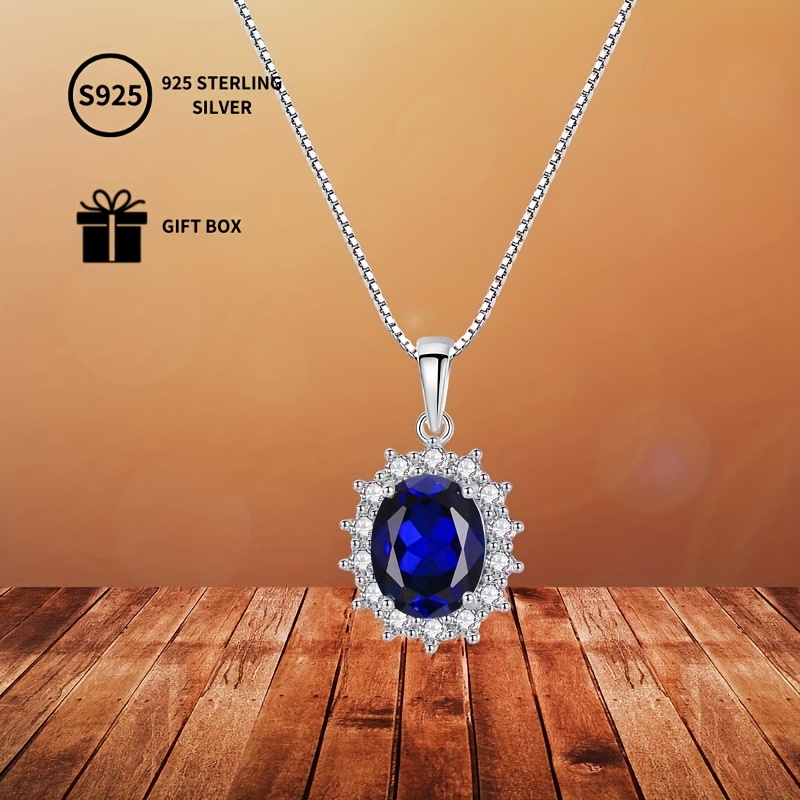 

Luxury 925 Sterling Silver Necklace With Synthetic Pendant - Elegant Oval Halo Design - Ideal For Gifting, Parties & Christmas Holidays - For Wear &