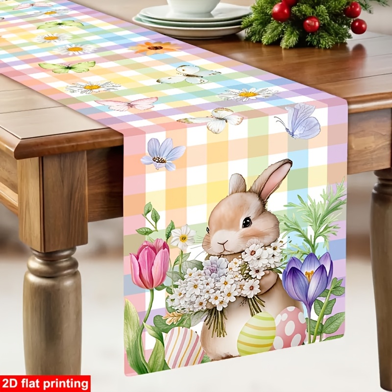 1pc Of Easter Rainbow Rabbit And Tablecloth - Farmhouse Style Decoration, Rectangular Tabletop, Easy To Clean