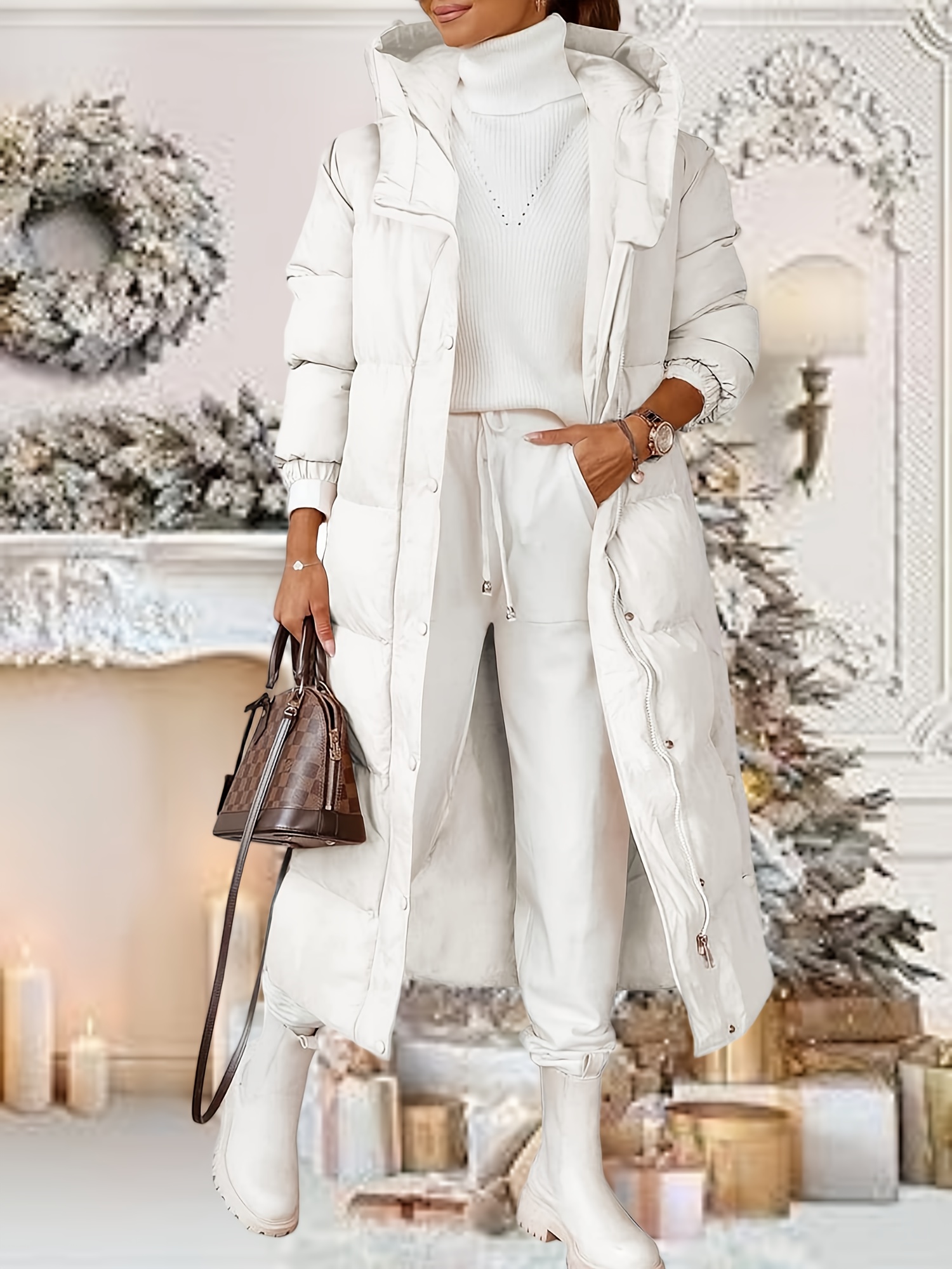 womens long hooded quilted puffer coat winter white button Temu