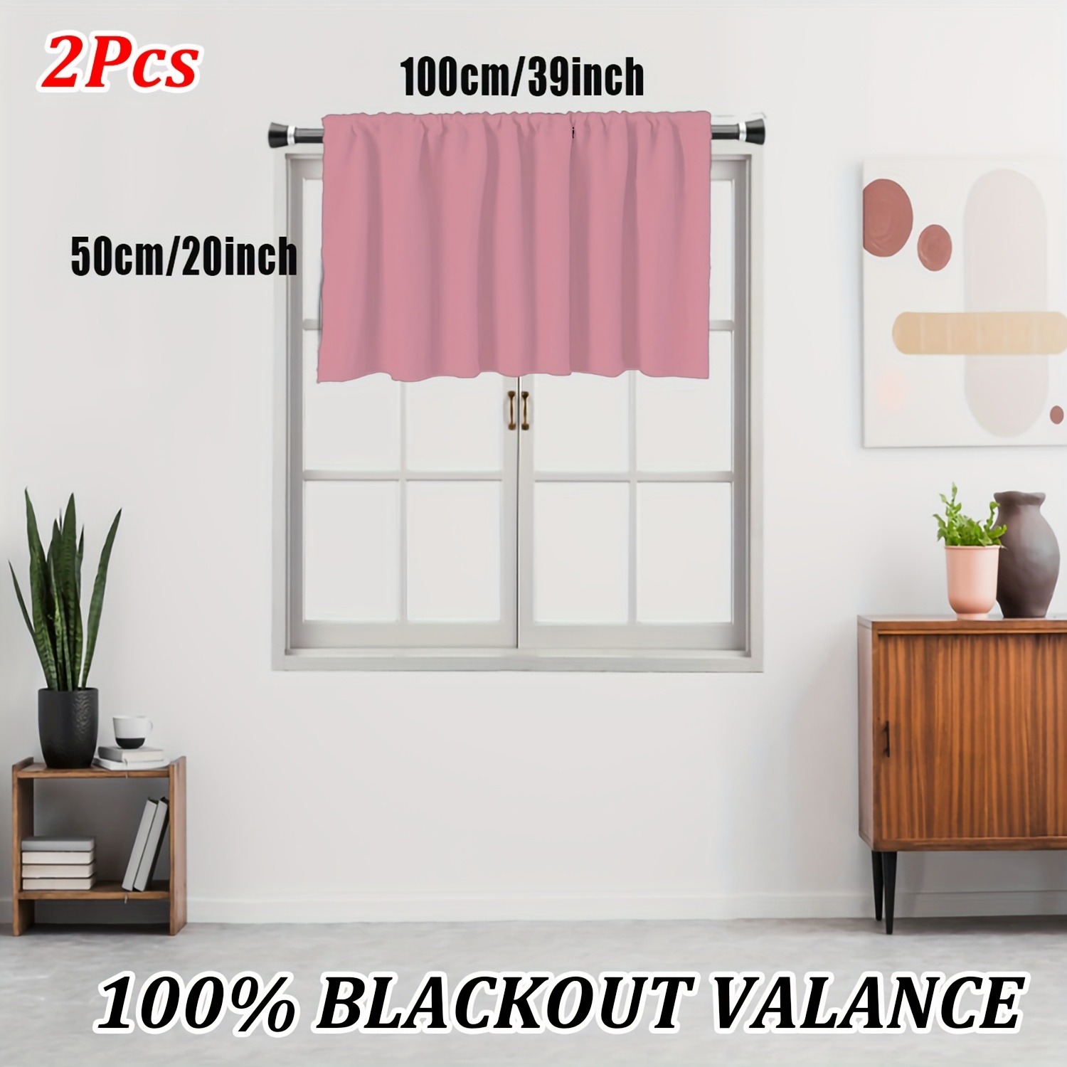 TEMU Pack Of 2, Fashion Plain 100% Blackout Kitchen Valance, Beige, Green, Pink, Gray-blue , Rod Pocket Top, Black Blackout Lining, Lightweight, Room