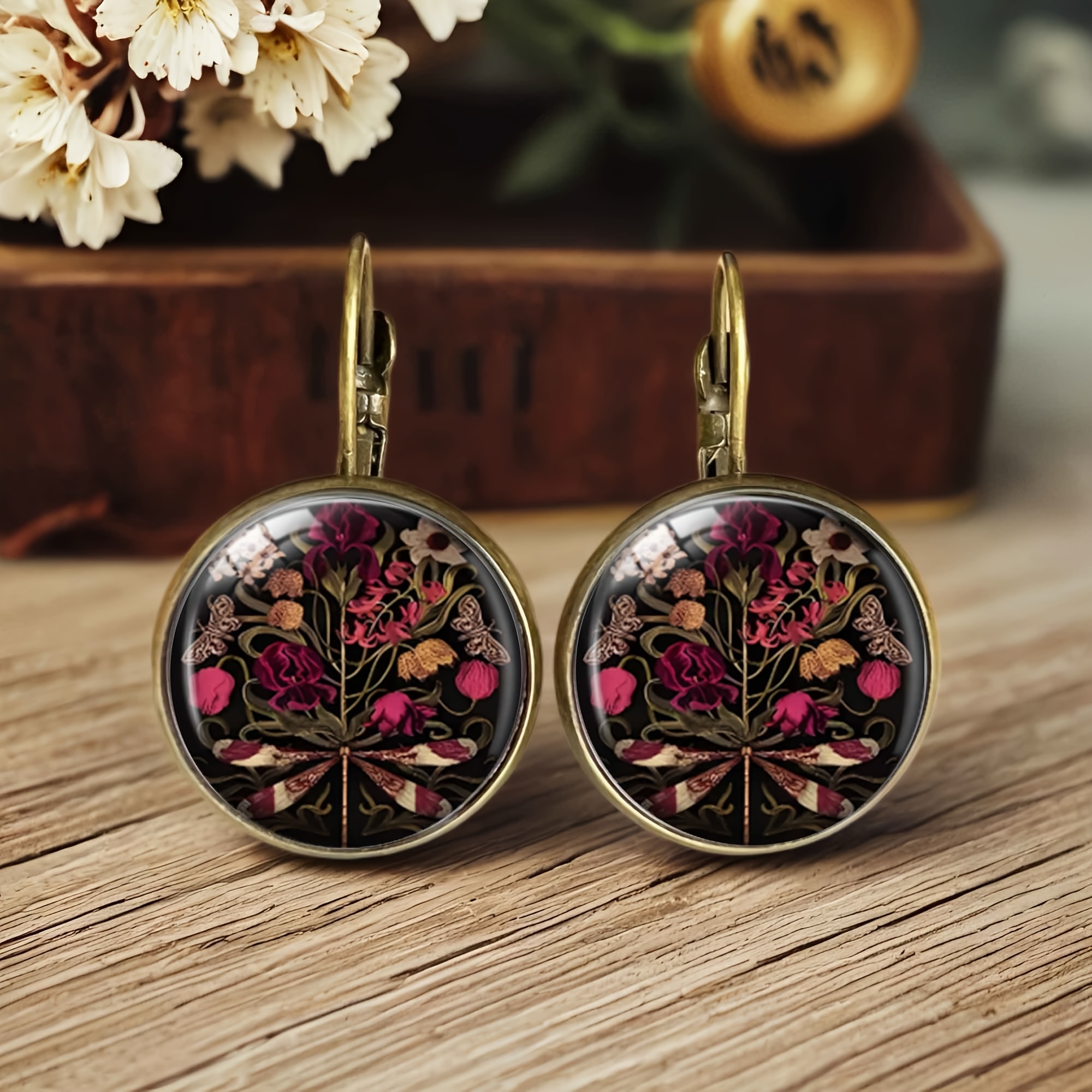 Vibrant Peony And Rose Earrings, Bohemian Style, Unique Jewelry, Without Battery