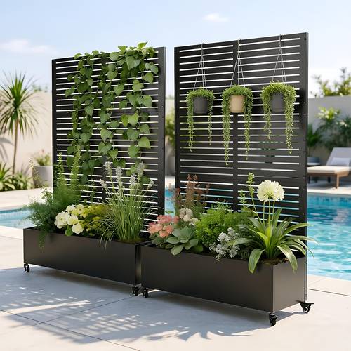 metal raised garden planter bed outdoor planter box with trellis and wheels for climbing plants vegetables vines features drainage holes and privacy screen